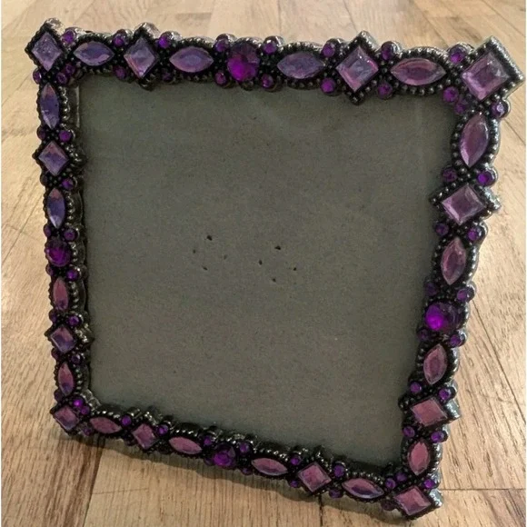 VTG Y2K Jeweled 3x3 Square Picture Frame Pewter Amethyst Lavender Rhinestones - Picture 4 of 16